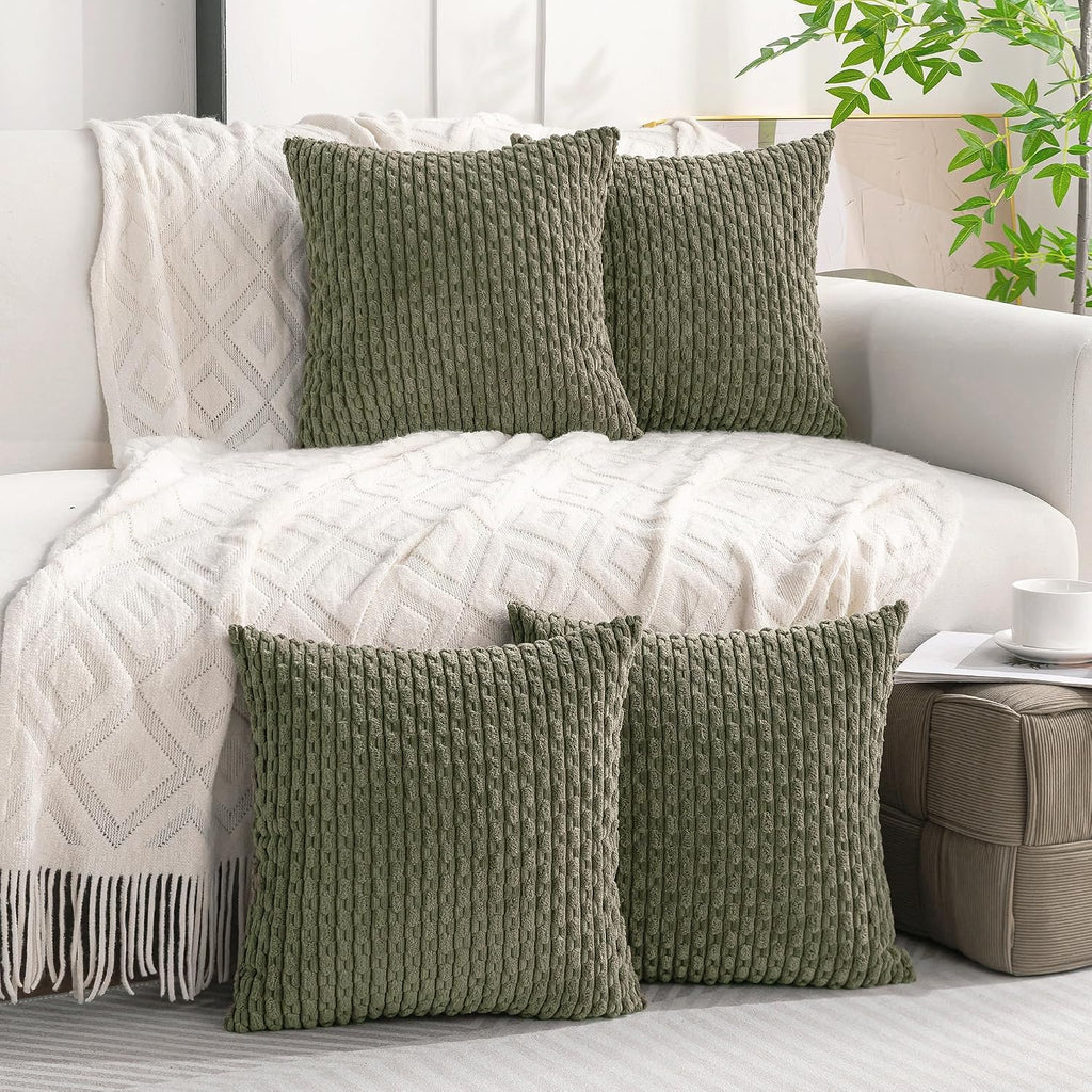 Cozoomy Set of 4 Olive Green Decorative Throw Pillow Covers 18x18 Inch Corduroy Pillow Covers for Bed Couch Sofa Living Room Soft Square Cu…