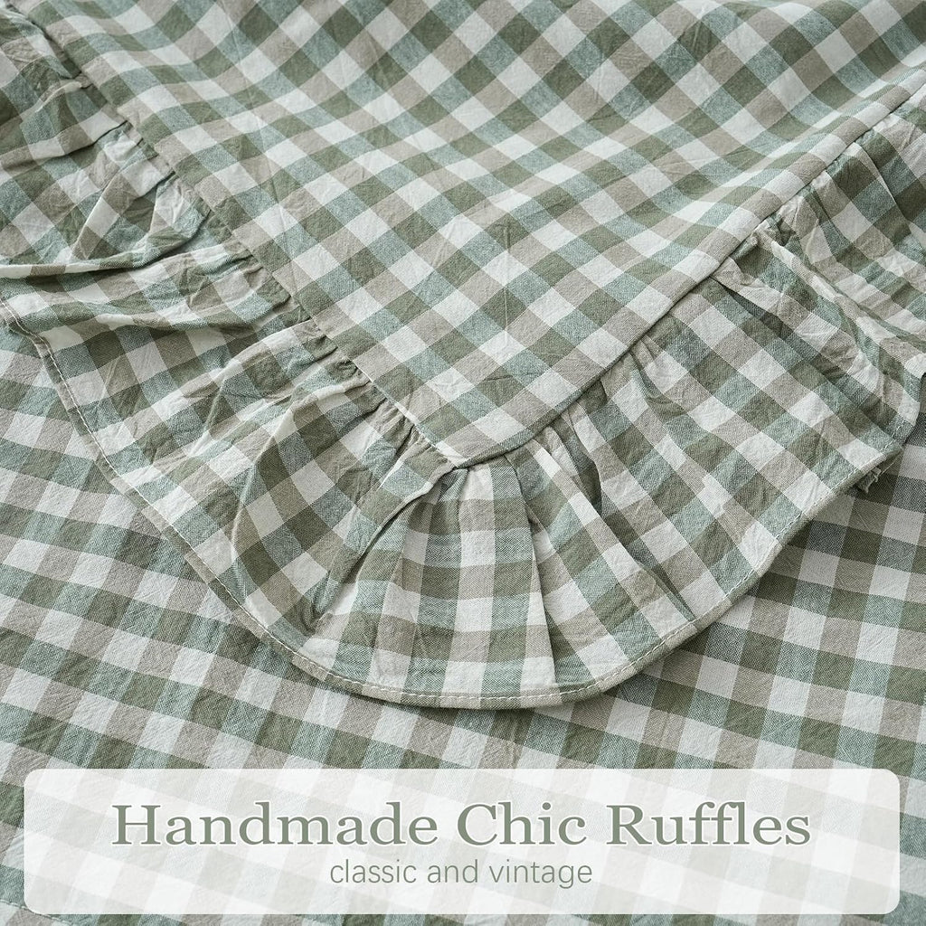 Qilunn 2 Pack Sage Green White Plaid Ruffle Euro Shams Pillow Covers 26x26 inches, 100% Cotton Gingham Checkered Farmhouse Pillowcases for…