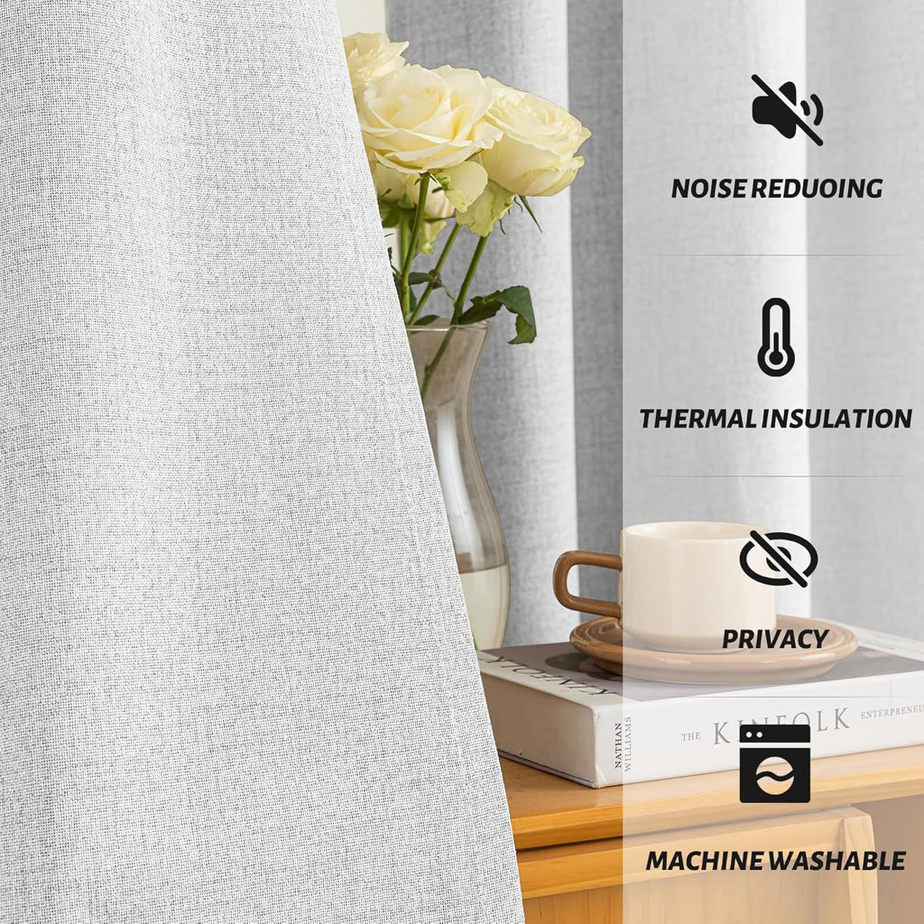 Yakamok White Linen Curtains 100% Blackout 90 Inches Long, Room Darkening Textured Curtains for Living Room Thermal Grommet Bedroom Curtain…