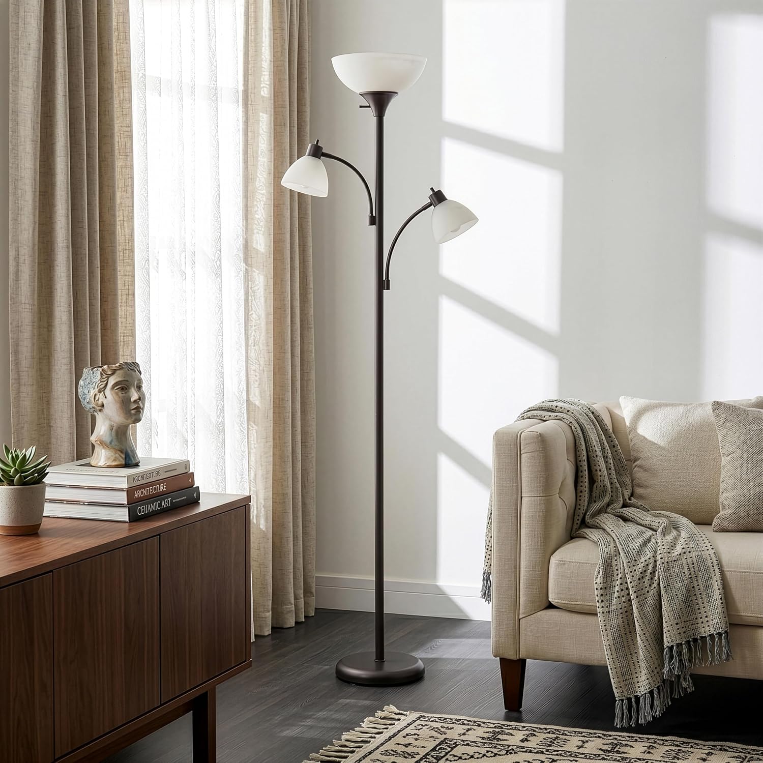 Brightech Sky Dome Double LED Floor lamp, Torchiere Super Bright Floor Lamp with 2 Reading Lamps for Living Rooms & Offices - Dimmable…