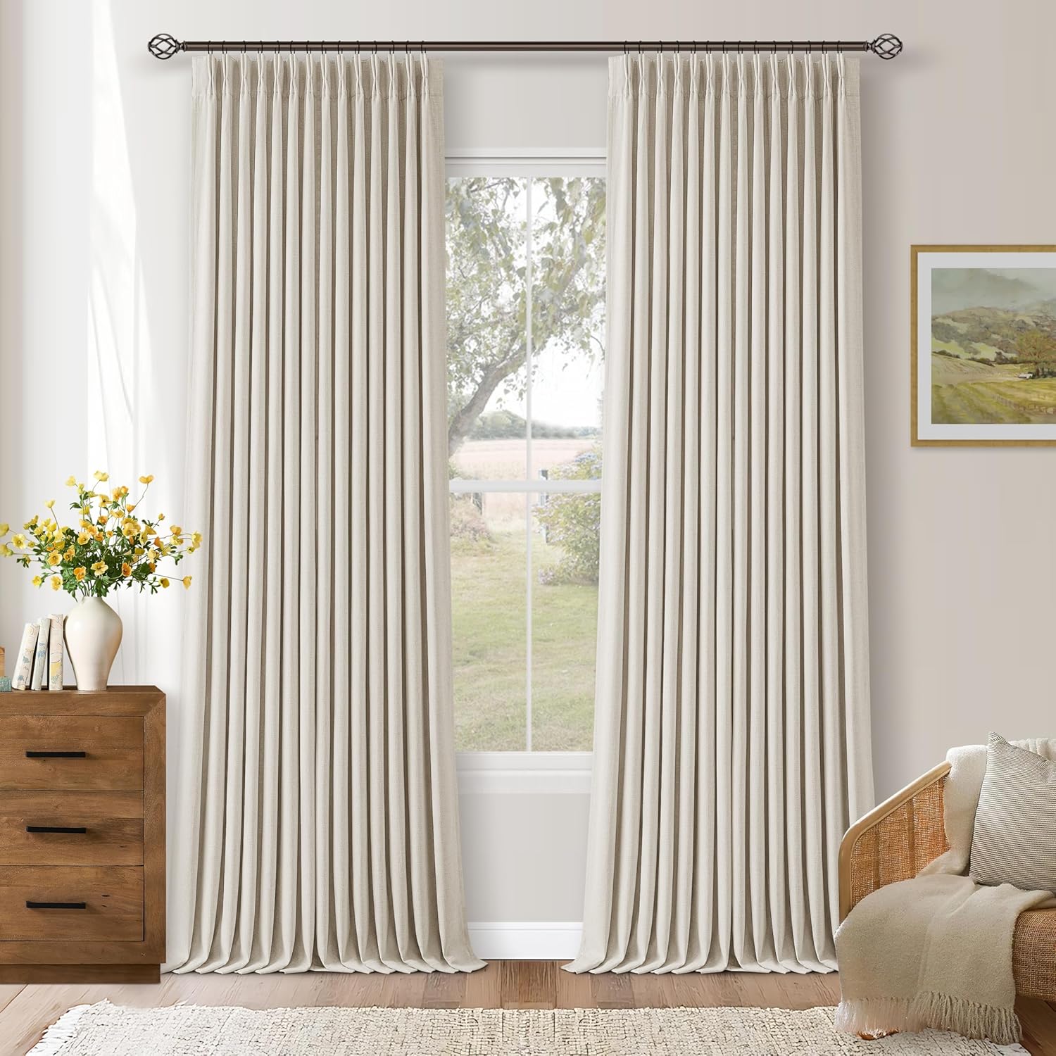 Twodrapes 105 Inch Blackout Linen Curtains Pinch Pleat for Bedroom Living Room Darkening Neutral Pleated 100% Black Out Thermal Insulated W…