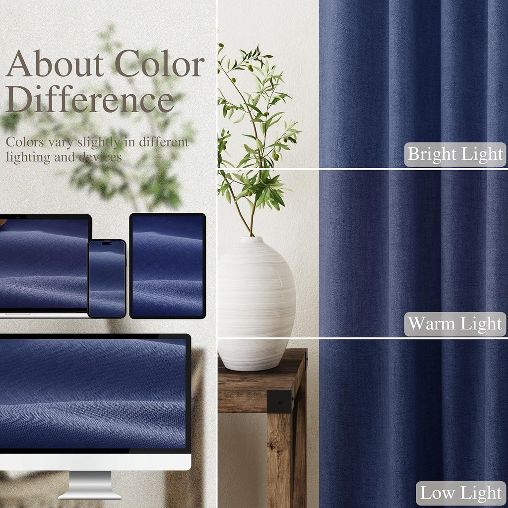Nanspring Classic Blue 100% Blackout Linen Curtains 96 Inches Long for Bedroom Back Tab Thermal Insulated Modern Coastal Decor Black Out Cu…