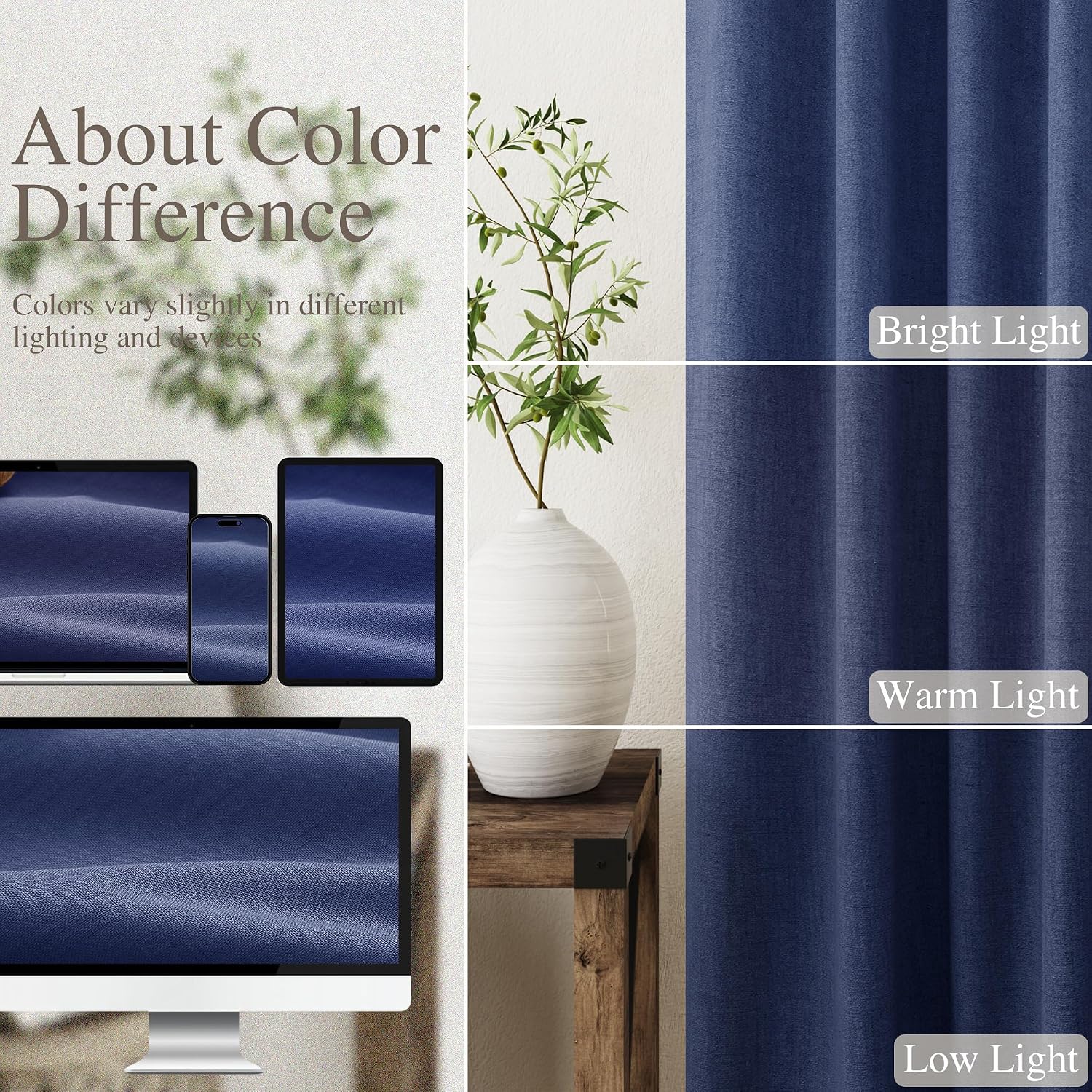 Nanspring Classic Blue 100% Blackout Linen Curtains 96 Inches Long for Bedroom Back Tab Thermal Insulated Modern Coastal Decor Black Out Cu…