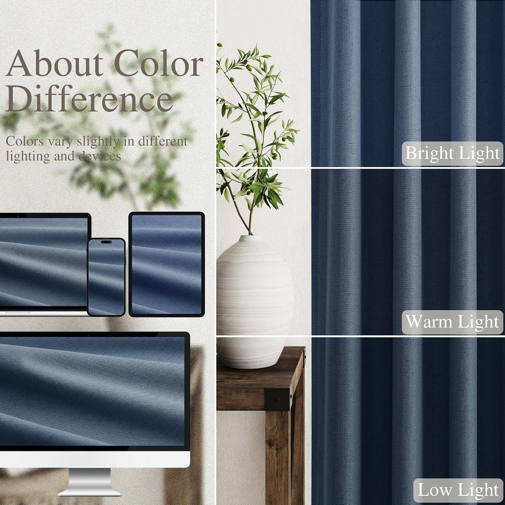 Nanspring Denim Blue 100% Blackout Linen Curtains 84 Inch Length 2 Panels Set for Bedroom Back Tab Modern Farmhouse Decor Black Out Curtain…
