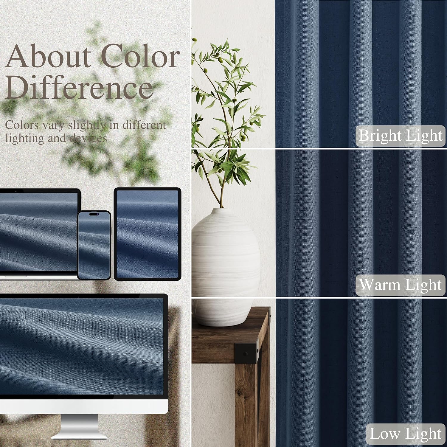Nanspring Denim Blue 100% Blackout Linen Curtains 96 Inches Long for Bedroom Back Tab Thermal Insulated Modern Farmhouse Decor Black Out Cu…