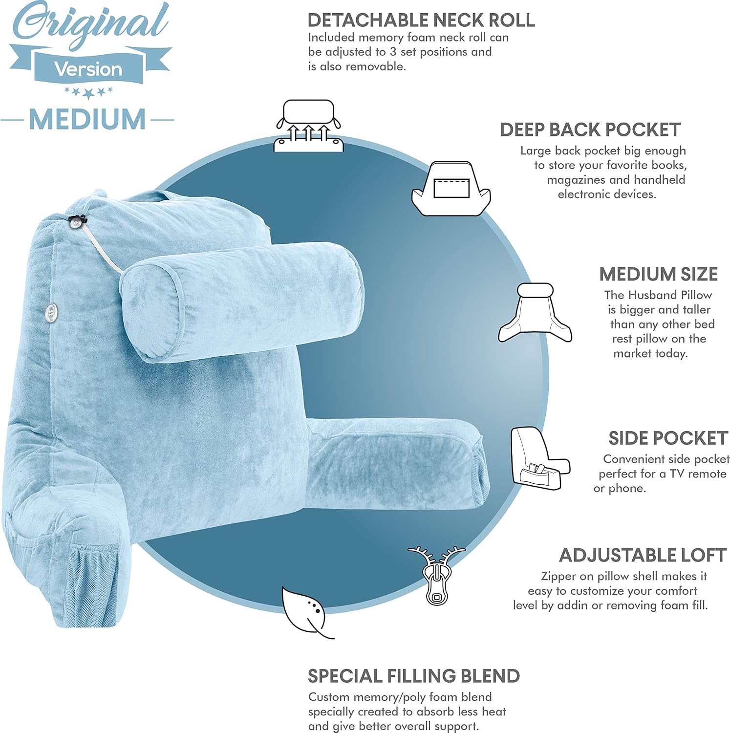 HusbandPillow Husband Pillow Medium Reading Pillow with Arms - 23" Backrest for Sitting Up in Bed - Firm Support Bed Rest Pillow for Adults…
