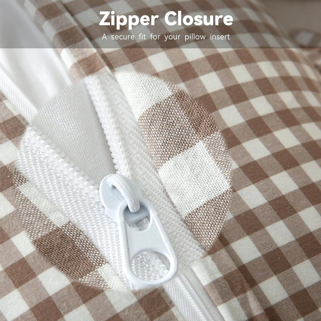 Jilboo 2 Pack 18 x18 inches Warm Taupe/White Checkered Throw Pillow Covers 100% Washed Cotton Vintage Ruffle Trim Decorative Gingham Pillow…