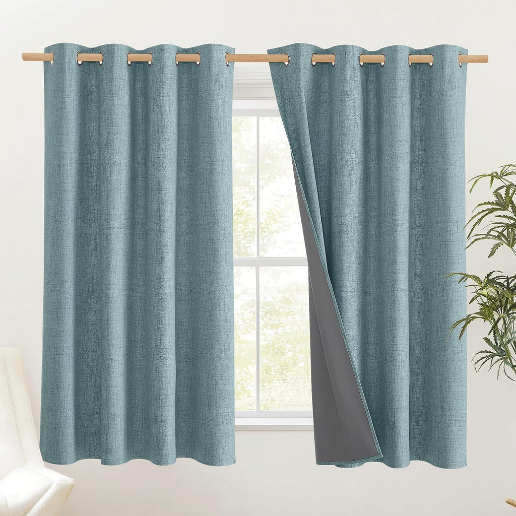 NICETOWN 100% Absolutely Blackout Linen Curtains with Thermal Insulated Liner, Skylark Blue, 52" Wide, 45" Length Energy Saving Curtains…