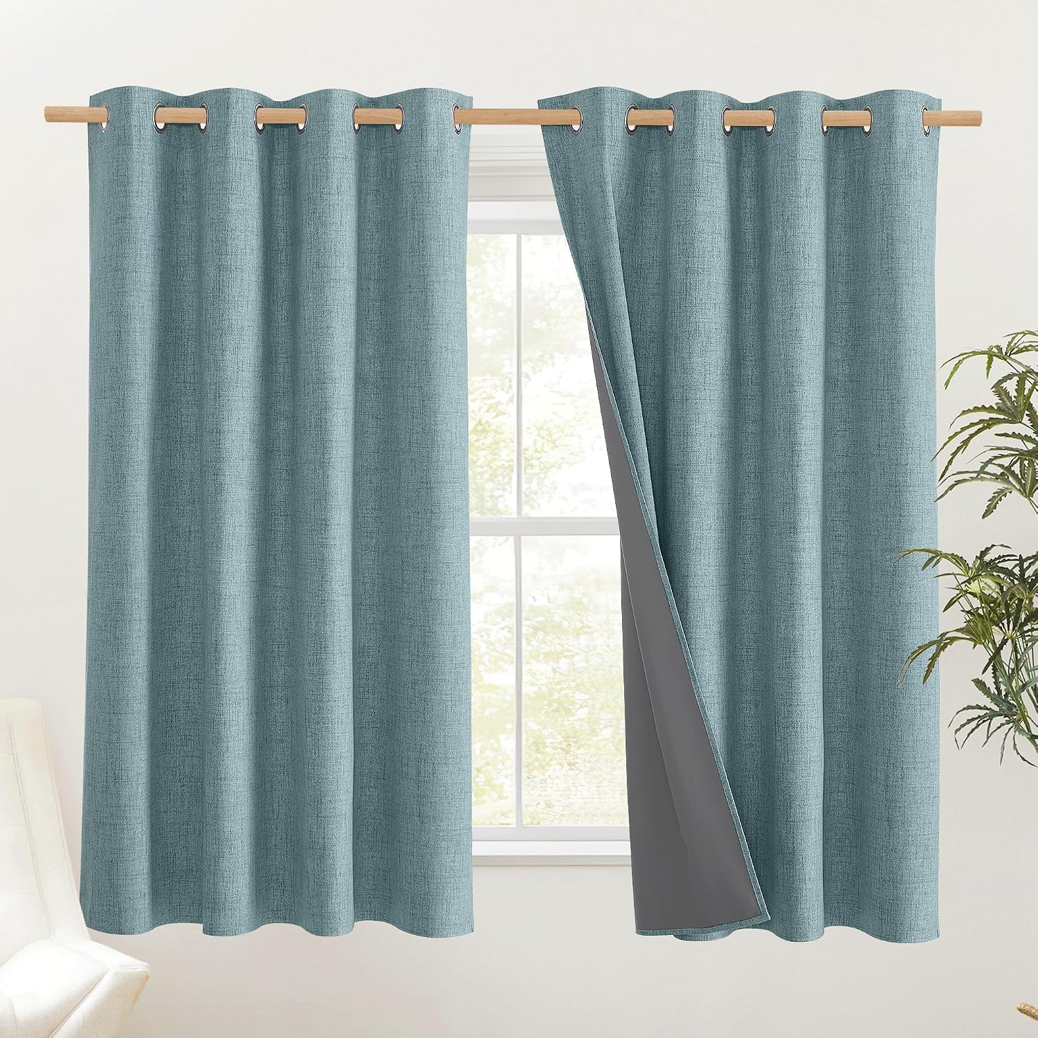 NICETOWN 100% Absolutely Blackout Linen Curtains with Thermal Insulated Liner, Skylark Blue, 52" Wide, 45" Length Energy Saving Curtains…