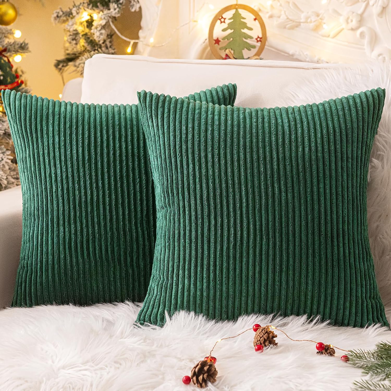 Softalker Green Spring Pillow Covers 18x18 Set of 2, Super Soft Boho Striped Corduroy Pillow Cover, Outdoor Decorative Throw Pillows for So…