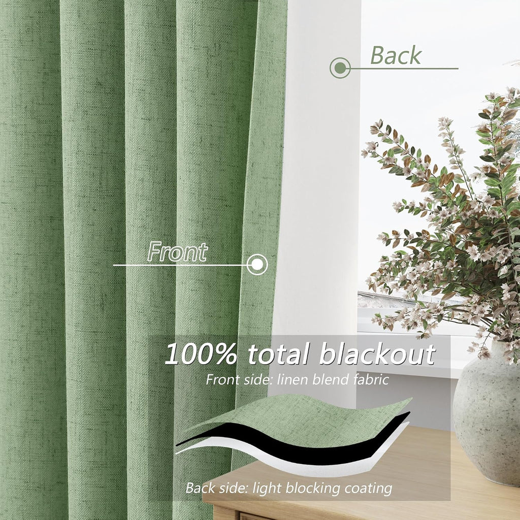 Guken Light Sage 100% Blackout Linen Curtains 90 Inch Length 2 Panels Set for Living Room Bedroom Back Tab/Rod Pocket Thermal Insulated Bla…