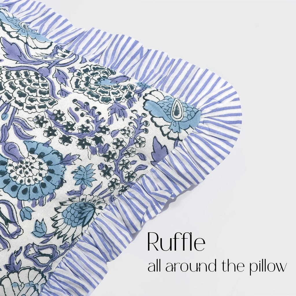 Cottonprintclub CPC Hand Block Print Indigo Blue Ruffle Sham Pillow Cover 36" x 14" inch Hidden Zipper Decorative Pillowcase for Couch, Bed…