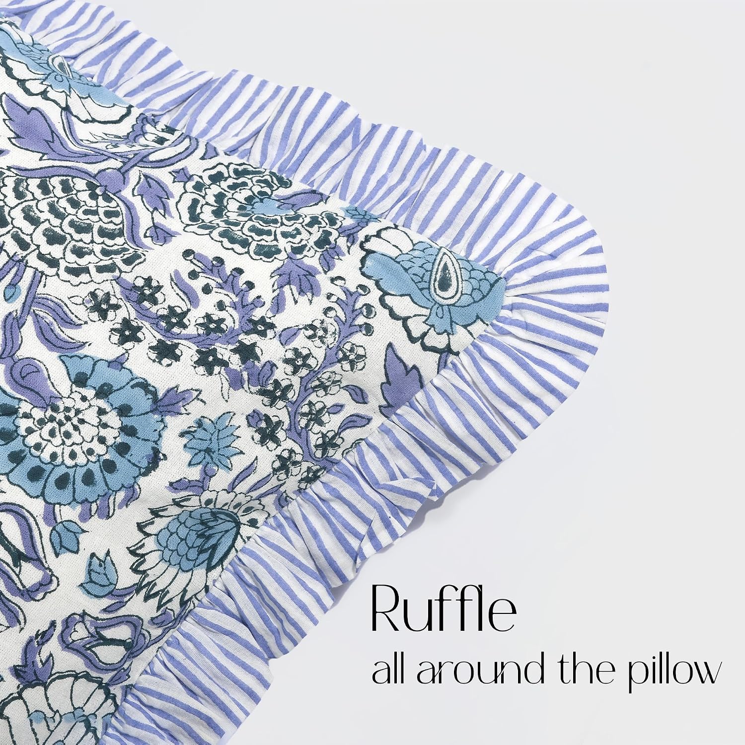 Cottonprintclub CPC Hand Block Print Indigo Blue Ruffle Sham Pillow Cover 36" x 14" inch Hidden Zipper Decorative Pillowcase for Couch, Bed…