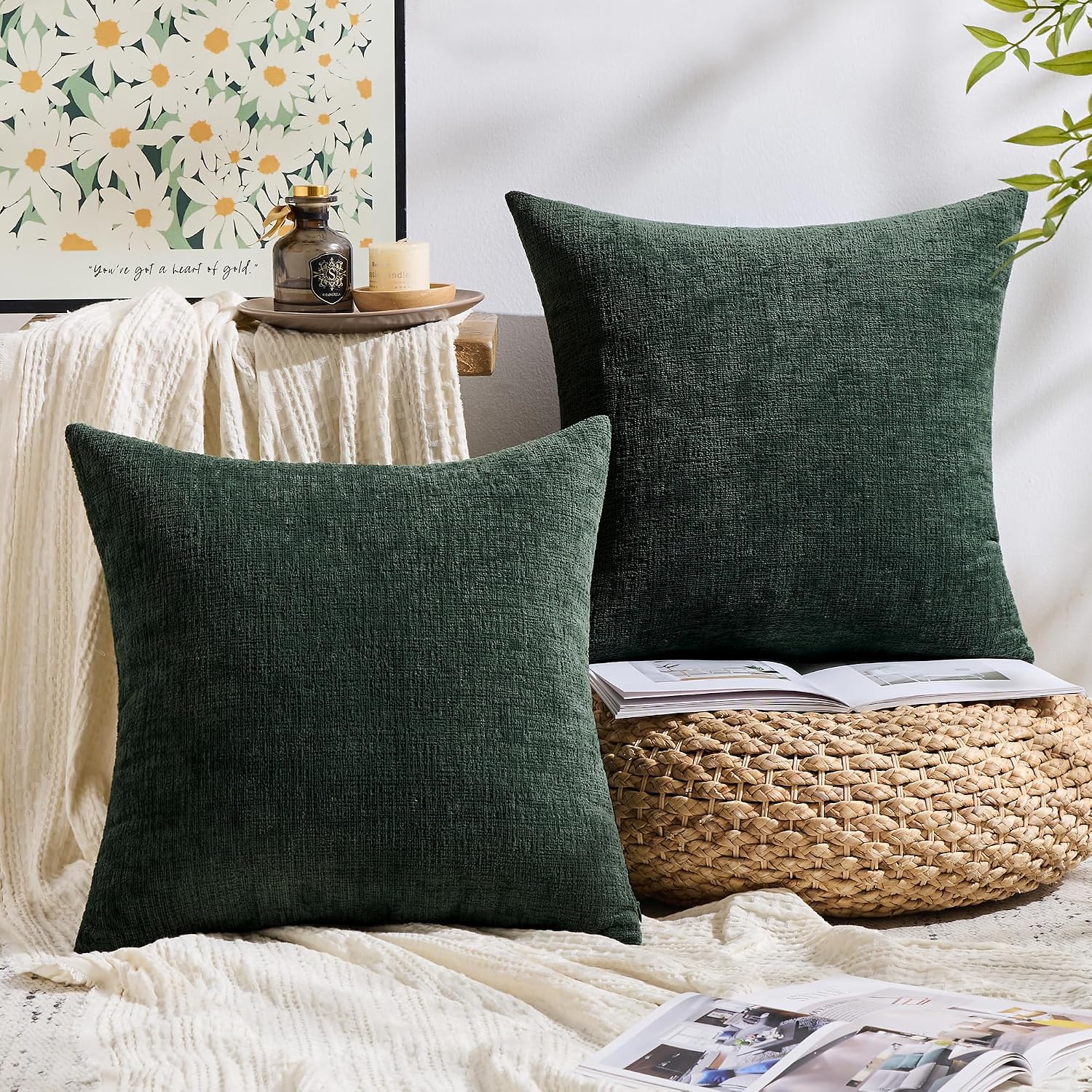 Gawamay Set of 2 Soft Textured Chenille Throw Pillow Covers 26x26 Inch (66x66 CM), Decorative Pillowcases Cushion Covers for Farmhouse Home…