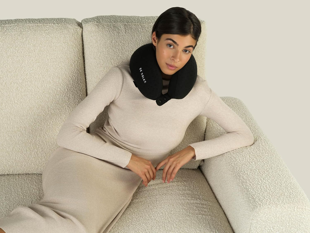 Be Relax Pure Travel Pillow Made of Inner-Side Organic Cotton, Reusable Heat Patch and Ergo Smart Flatback (Solid Black)