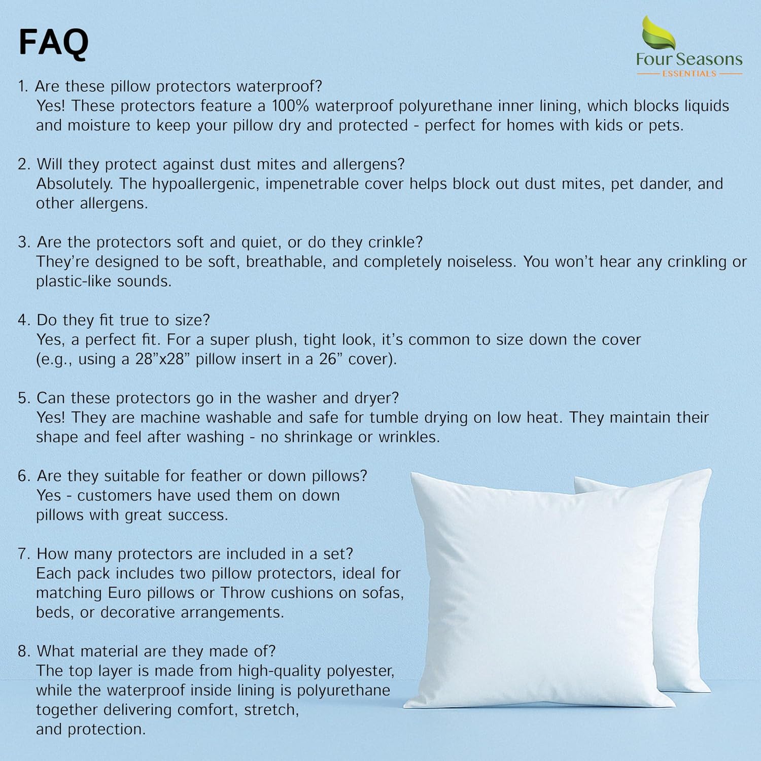 Euro Size Pillow Protectors (Set of 2) - European Square 24x24 Pillow Covers Waterproof Hypoallergenic Dust Proof Zippered Encasement