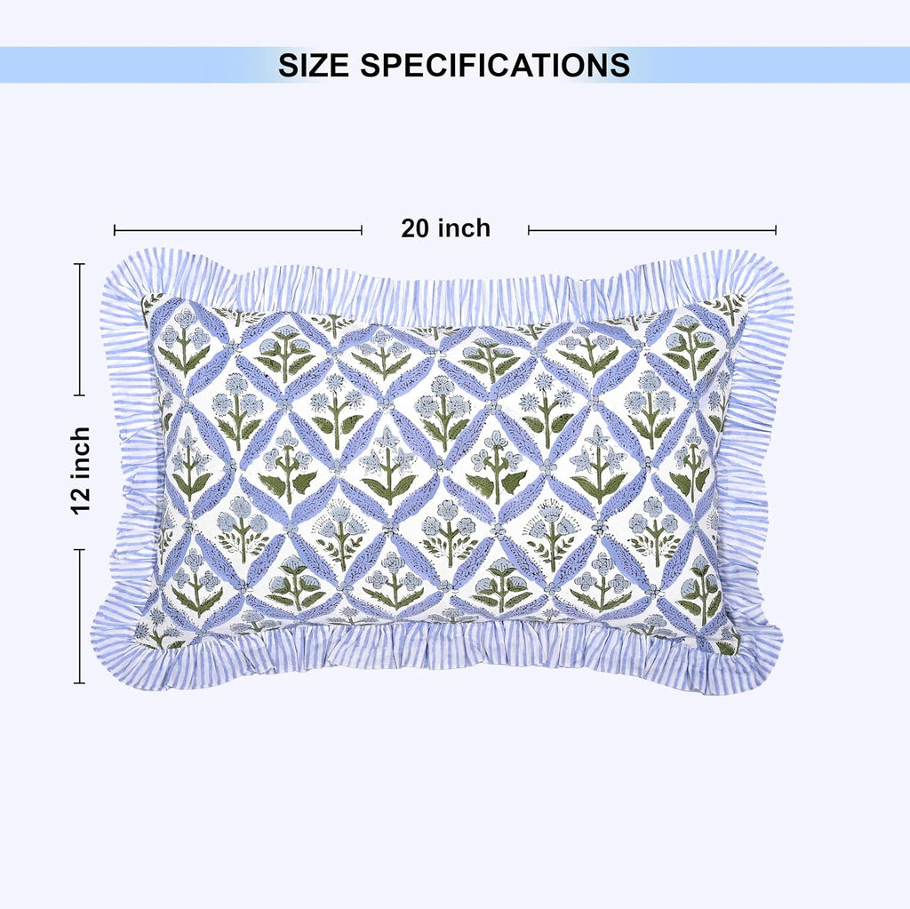 Ridhi Block Print Light Steel Blue 20"x12" Set 1-100% Cotton Ruffle Lumbar Sham Cover Boho Floral Pillowcase, Farmhouse Cottagecore…