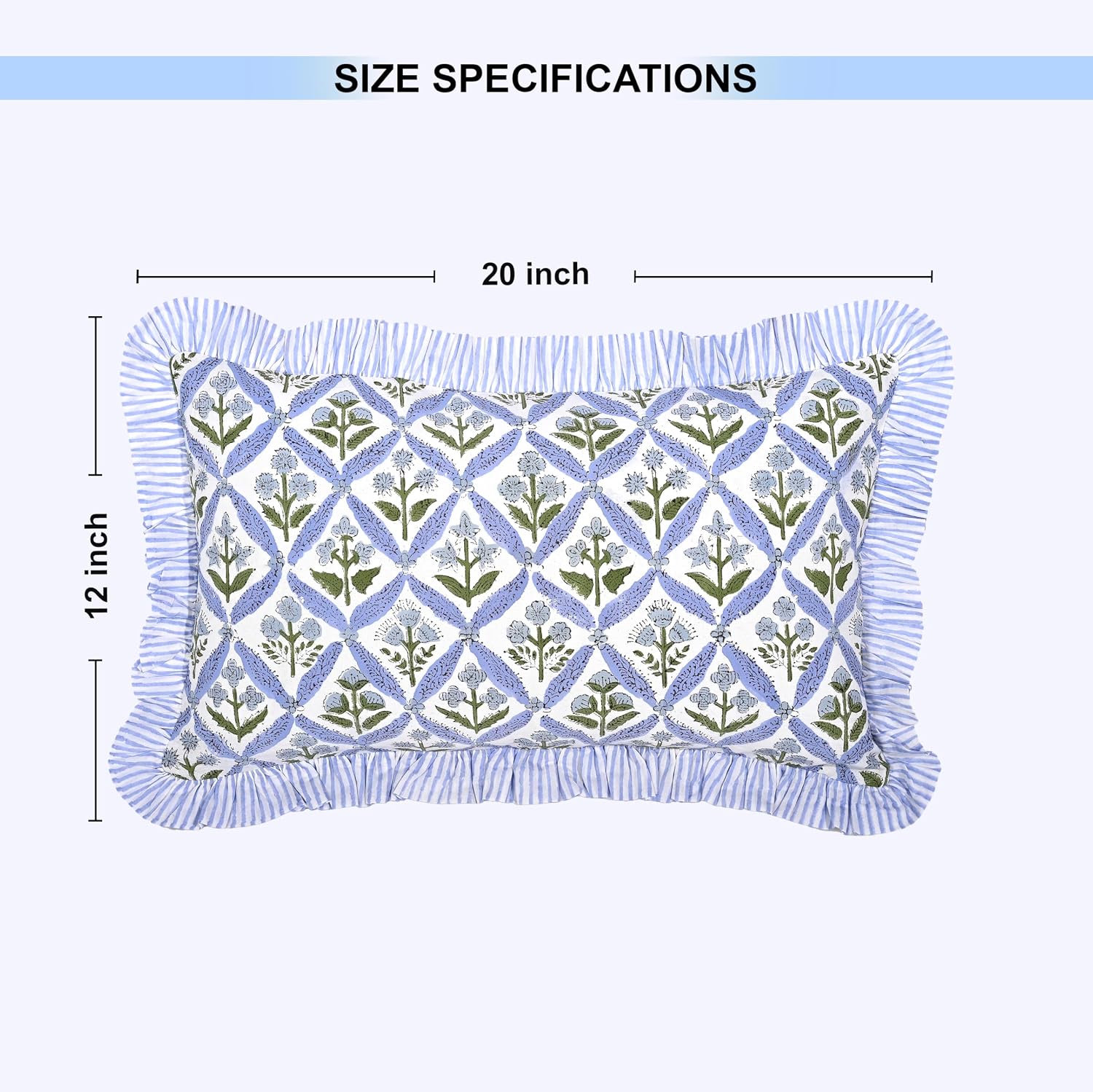 Ridhi Block Print Light Steel Blue 20"x12" Set 1-100% Cotton Ruffle Lumbar Sham Cover Boho Floral Pillowcase, Farmhouse Cottagecore…