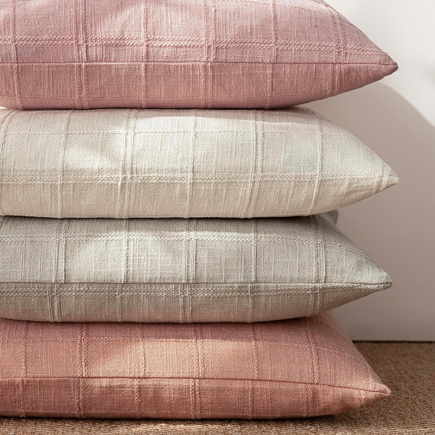 Foindtower Set of 1 Decorative Linen Check Throw Pillow Cover Neutral Farmhouse Lumbar Cushion Cover Modern Boho Accent Home Decor for…