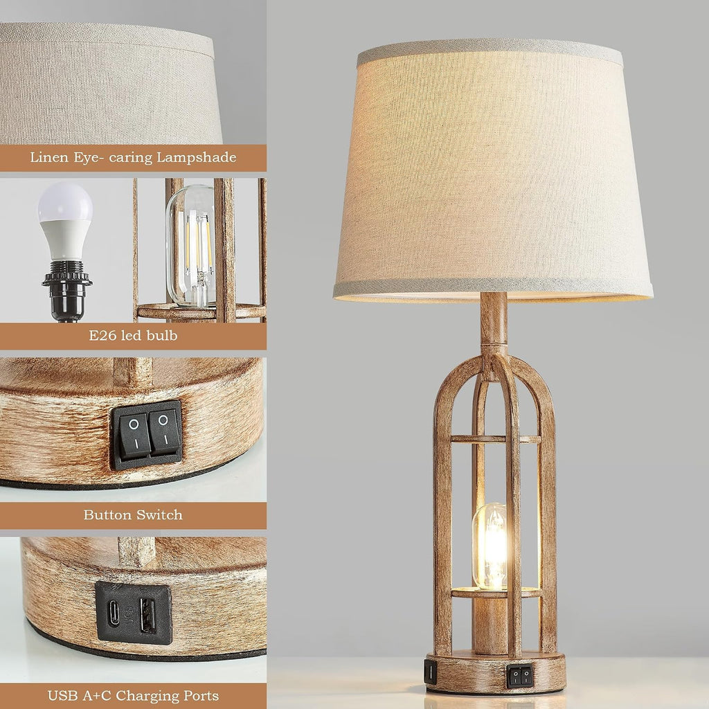 SRJJA Table Lamps for Living Room End Table Set of 2 - Rustic Farmhouse Bedside Lamps for Bedroom Nightstand with Nightlight and USB A+C…