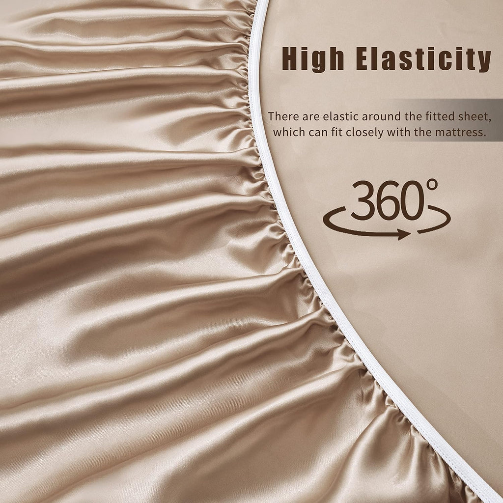 VACVELT 4pc Queen Size Beige Satin Bed Set, Deep Pocket Silky Satin Sheets, Luxury Cooling Bedding Set, 1 Fitted + 1 Flat + 2 Pillowcases