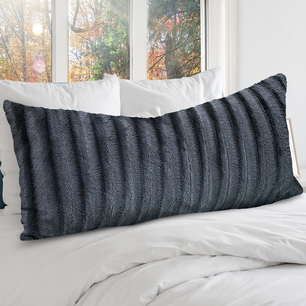Cheer Collection Faux Fur Long Body Pillow - Accent Throw Pillow for Bed and Couch - Decorative Lumbar Pillow with Insert, Gray (18" x 40")