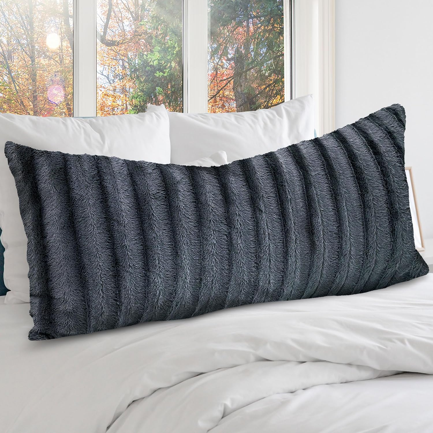 Cheer Collection Faux Fur Long Body Pillow - Accent Throw Pillow for Bed and Couch - Decorative Lumbar Pillow with Insert, Gray (18" x 40")
