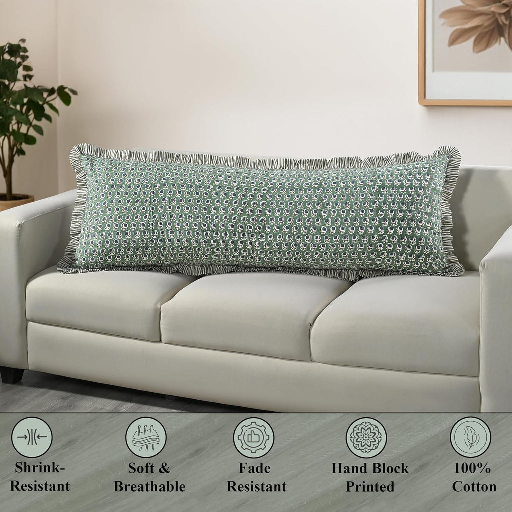 Ridhi Block Print Basil Green 54"x20" Set 1-100% Cotton Ruffle Lumbar Sham Cover Boho Floral Pillowcase, Farmhouse Cottagecore Bedding…
