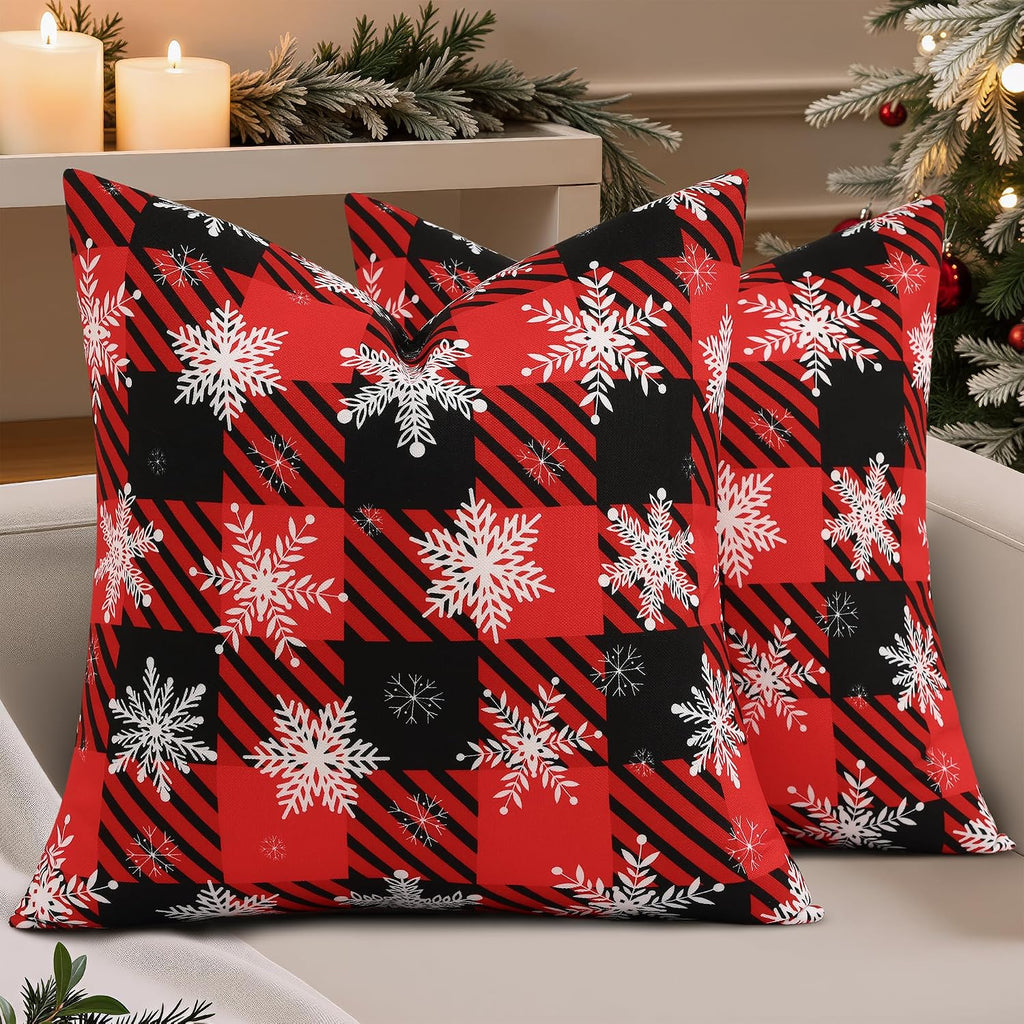 decorUhome Summer Black and Red Snowflake Linen Decorative Throw Pillow Covers 16x16 Set of 2 Buffalo Plaid Check Farmhouse Gingham Cushion…
