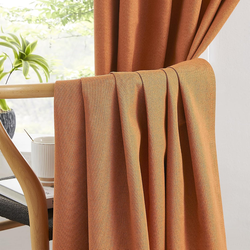Keqiaosuocai Pumpkin Orange Linen Blackout Curtains 96 Inch Length 2 Panels Set, Back Tab Pocket Hook Belt Curtains for Living Room Boho Fal…