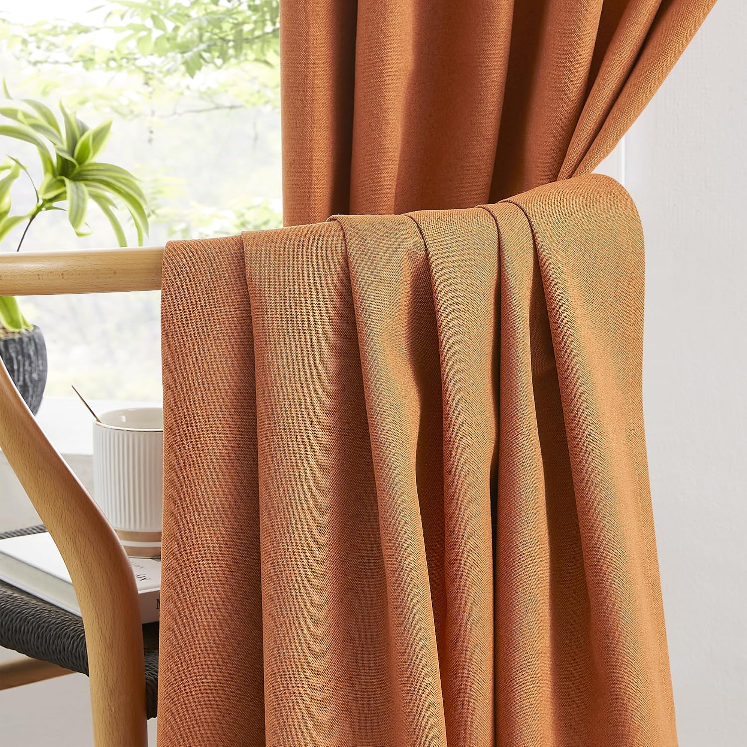 Keqiaosuocai Pumpkin Orange Linen Blackout Curtains 96 Inch Length 2 Panels Set, Back Tab Pocket Hook Belt Curtains for Living Room Boho Fal…