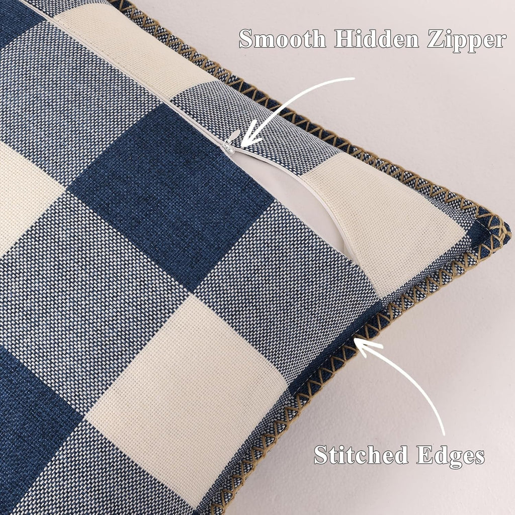 decorUhome Summer Buffalo Plaid Check Throw Pillow Covers 18x18 Set of 2 Outdoor Linen Decorative Farmhouse Gingham Pillow Covers with Stit…