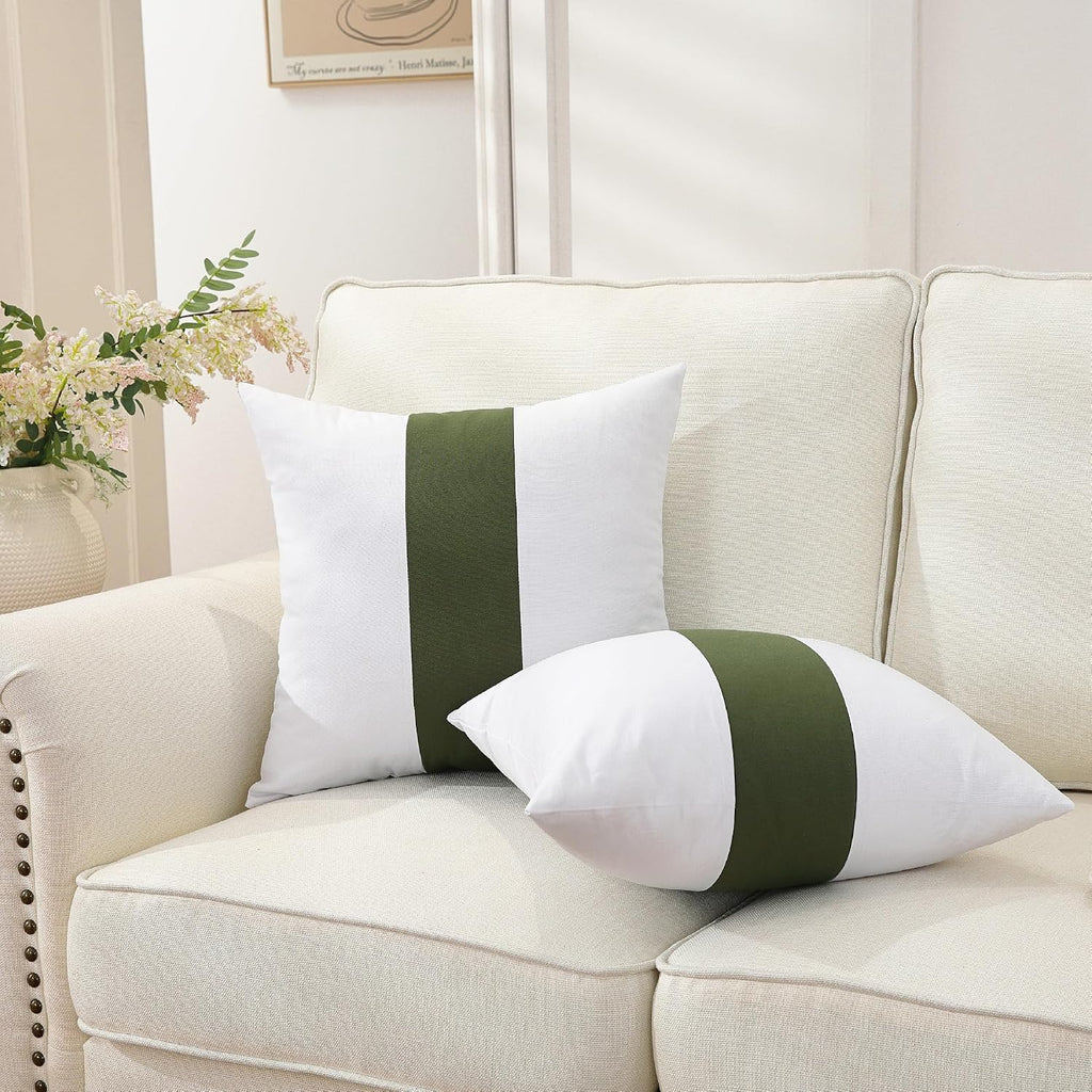 TAOSON Set of 2, 100% Cotton Canvas Patchwork Throw Pillow Covers 20x20 Inch Modern Olive Green Striped Pillow Cushion Covers Farmhouse…