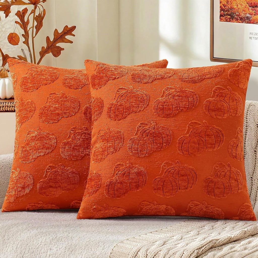 decorUhome Decorative Two Rust Pumpkins Thanksgiving Throw Pillow Covers 18x18 Set of 2, Soft Chenille Jacquard Farmhouse Textured Pillow…