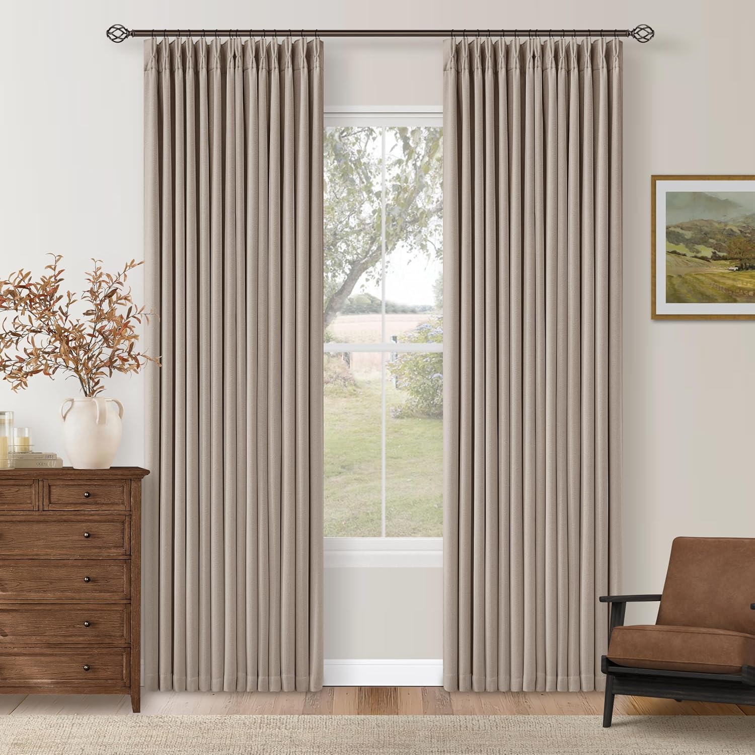 Twodrapes Memory Trained Pinch Pleated 100% Blackout Linen 80 Inch Curtains for Bedroom Room Darkening Light Blocking Burlywood Tan Window…
