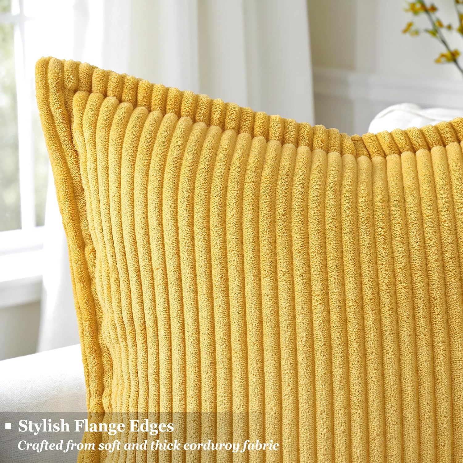decorUhome Summer Corduroy Mustard Yellow Euro Sham Throw Pillow Covers 26x26 Set of 2 Decorative Soft Boho Farmhouse Couch Pillow Covers f…