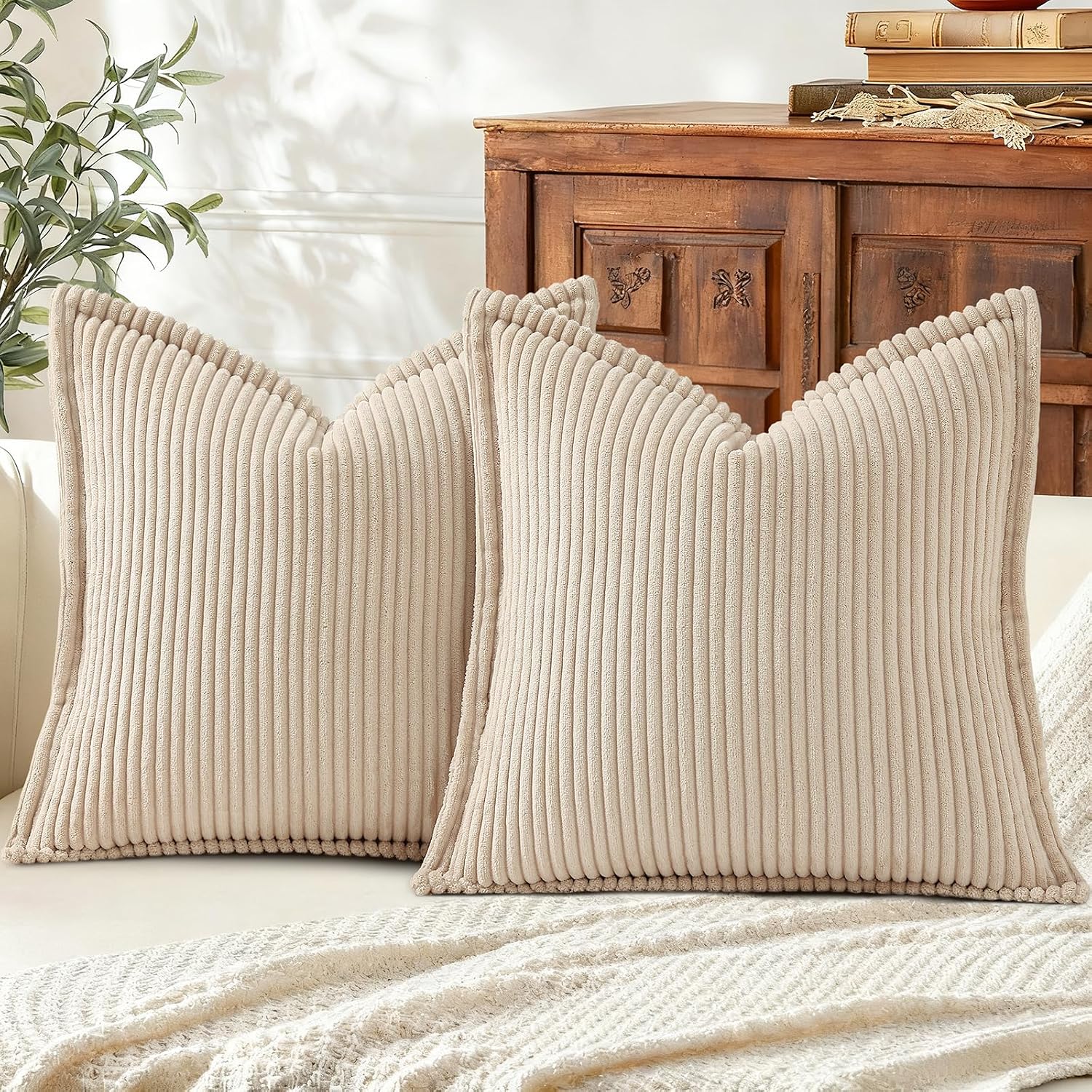 Mecatny Corduroy Summer Throw Pillow Covers 16x16 Set of 2, Neutral Decorative Soft Boho Couch Pillow Covers with Broadside for Sofa…
