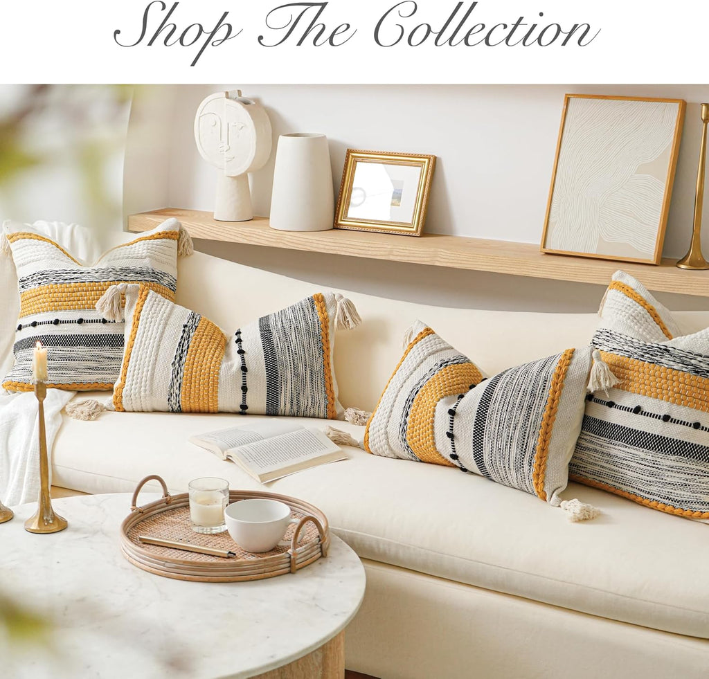 BlissBlush Yellow Mustard Decorative Throw Pillow Cover 20x20 Square Boho Accent Pillowcase Tassels Farmhouse Cushion for Couch Sofa…