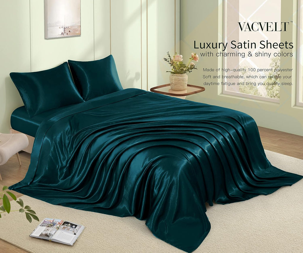 VACVELT 4pcs Dark Teal Satin Sheets Full Size Bed Set, 15 Inch Deep Pocket Silky Satin Sheet Set, Soft Satin Bedding Set Cooling & Luxury…