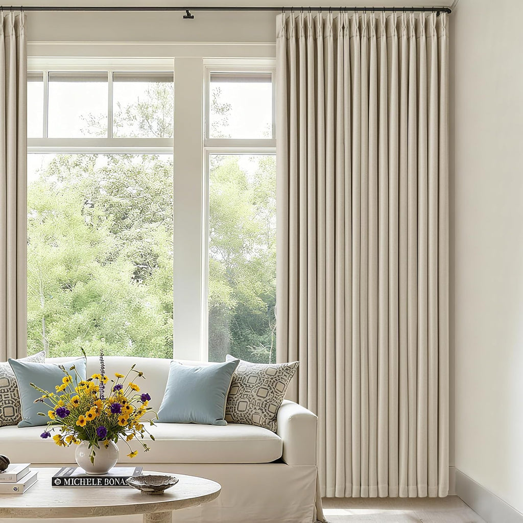 TWODRAPES 92 Inch Long Pinch Pleated Blackout Curtains for Bedroom Living Room, Oatmeal Beige Linen Blend 100% Blackout Sliding Door…