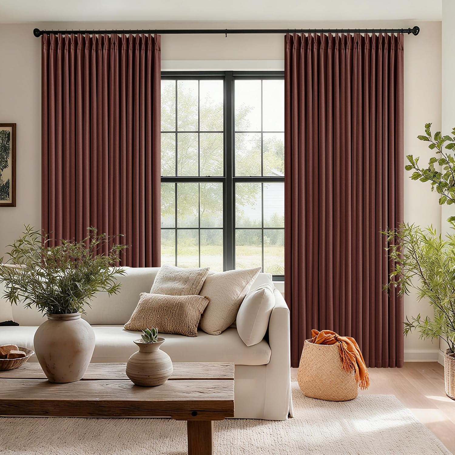 Twodrapes Brown Red Pinch Pleated Blackout Curtains 102 Inches Long for Bedroom 100% Black Out Thick Linen Dual Layer Pleated Drapes Farmho…