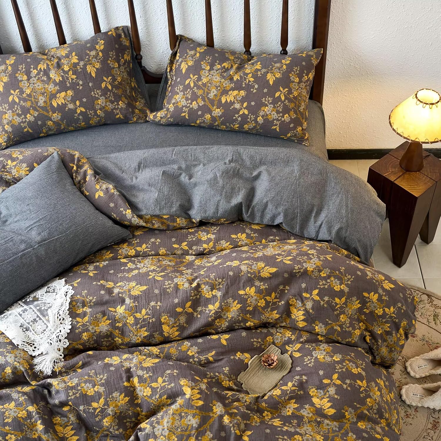 mixinni Vintage Floral Duvet Cover King Set - Gold Jacquard & Grey Reversible, 100% Yarn-Dyed Double-Layer Cotton, Breathable & Luxurious F…