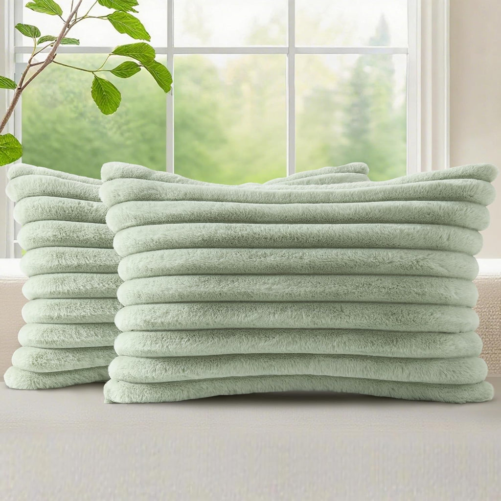 decorUhome Summer Cozy Faux Fur Throw Pillow Covers 12x20 Set of 2 Decorative Soft Plush Striped Lumbar Modern Farmhouse Boho Couch Pillow…