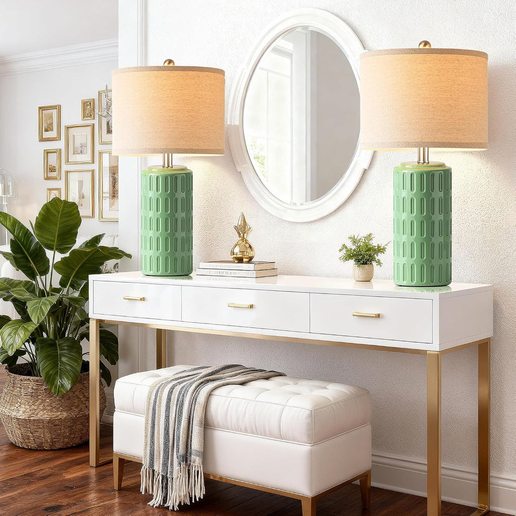 PARTPHONER 23" Farmhouse Modern Ceramic Table Lamp Set of 2 - Sage Green Bedside Lamps for Bedroom & Living Room, Nightstand, Desk, End…