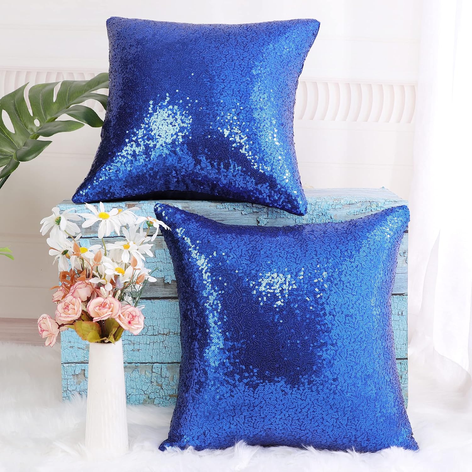 uxcell 2 Pcs Dark Blue Sequin Throw Pillow Covers, Shiny Sparkling Comfy Satin Sequin Cushion Covers, Decorative Pillowcases for…