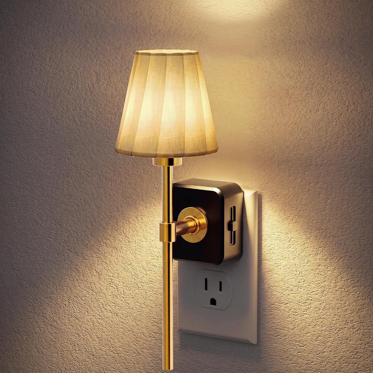 JandCase Night Lights Plug into Wall, Vintage Nightlight with Dusk to Dawn Sensor, 0-100LM Dimmable, Pleated Fabric Beige Lamp for Living…