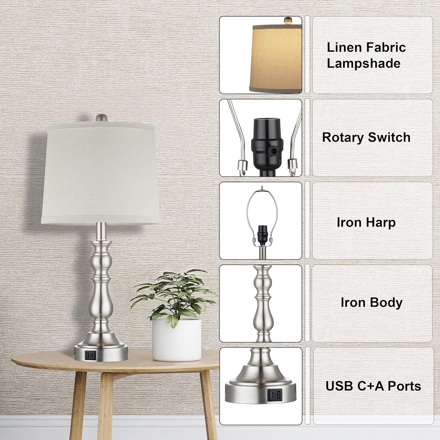 Farmhouse Side Table Lamps for Living Room Set of 2 with USB C+A Ports, Bedside Lamp for Bedroom, Dining Room Decor, Office, End Table…