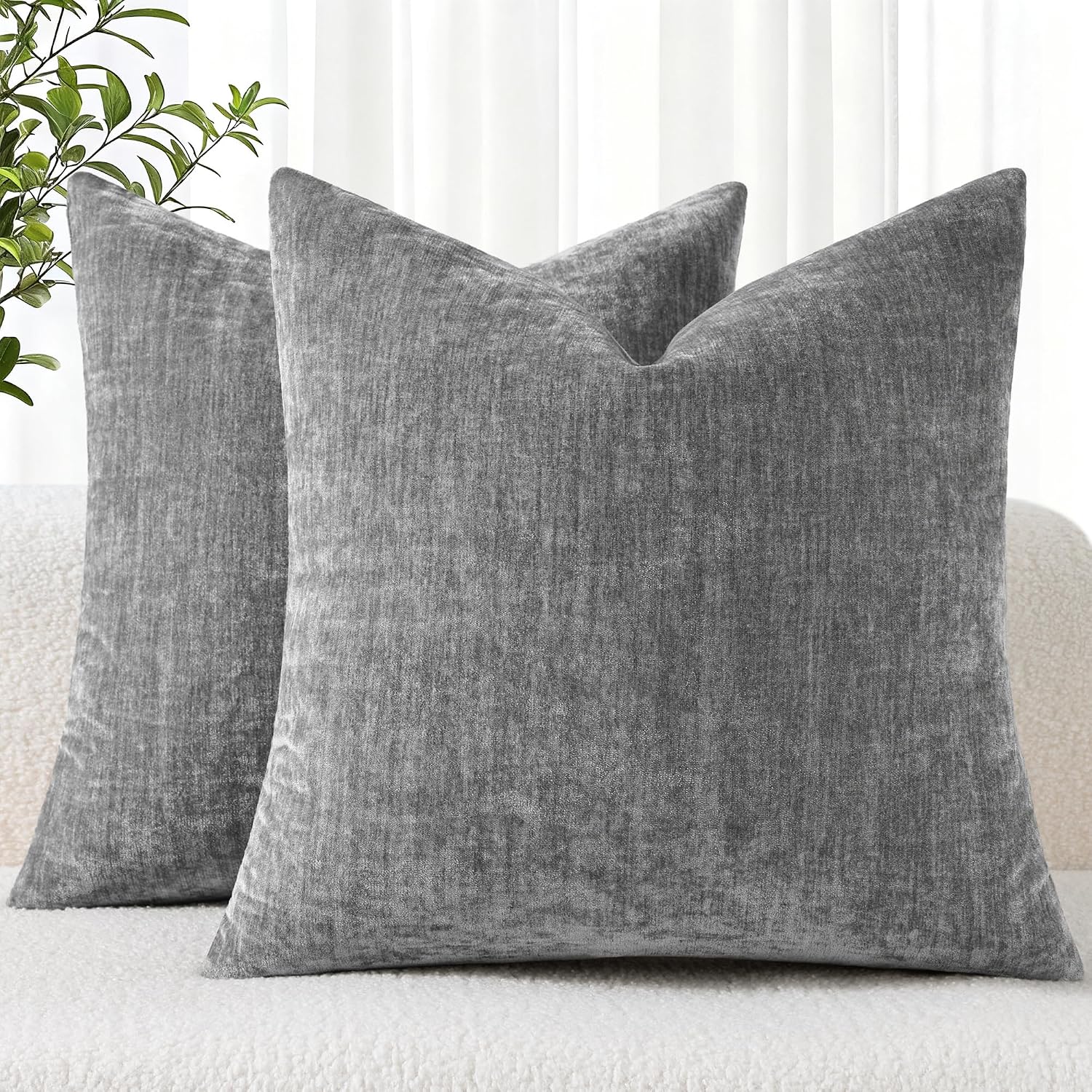 decorUhome Chenille Dark Grey Throw Pillow Covers 26x26 Inch Set of 2, Decorative Soft Couch Pillow Covers Solid Dyed Accent Velvet Farmhou…