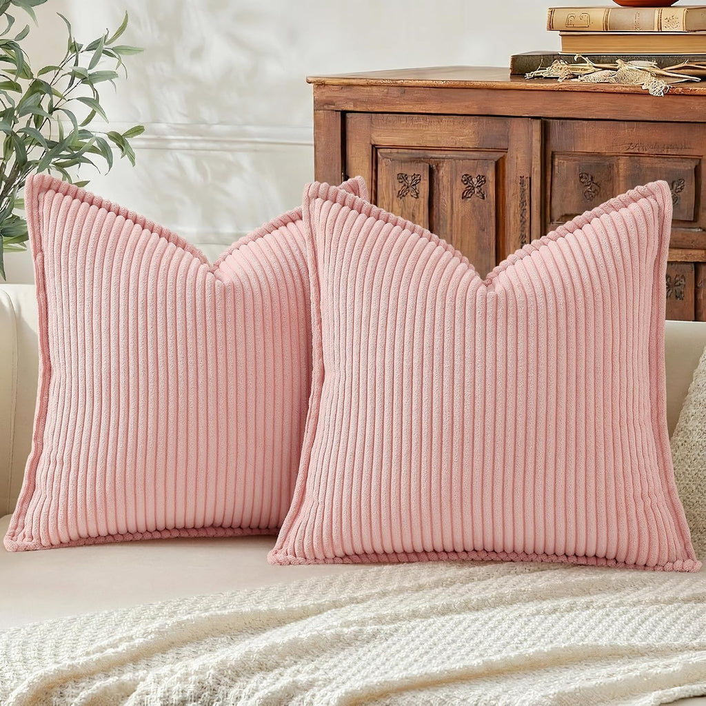 Mecatny Corduroy Summer Throw Pillow Covers 18x18 Set of 2, Neutral Decorative Soft Boho Couch Pillow Covers with Broadside for Sofa…