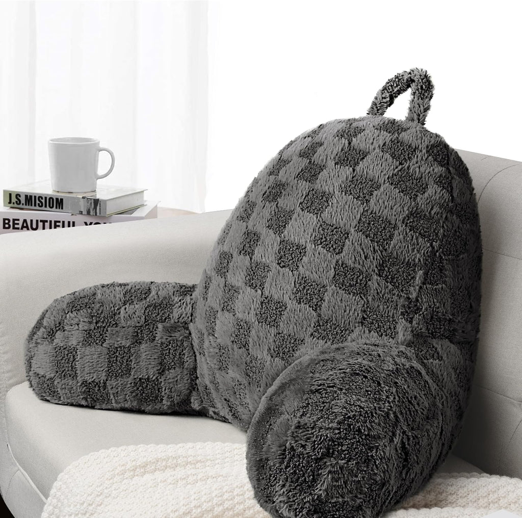 Aels Large Reading Pillow Replacement Cover with Arms and Pockets (Cover ONLY), 18" Soft Faux Fur Checkered Backrest Pillow Cover Fits Stan…